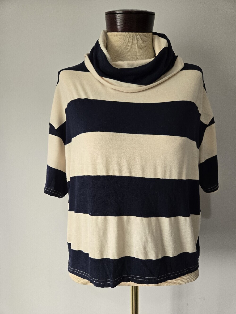 CIAOPANIC Striped funnel Neck Short Sleeve Top - Navy and Cream. Size S/M